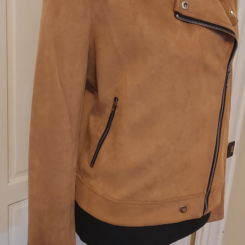 Tan Beige Faux Suede Moto Biker Jacket Size M - Picture 3 of 9